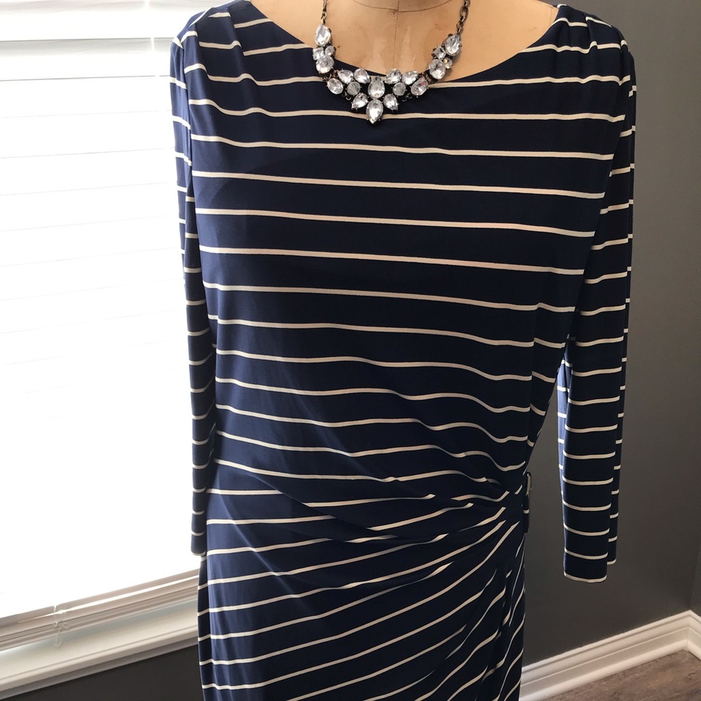 Beautiful Navy and Cream Striped Long Sleeve Dress